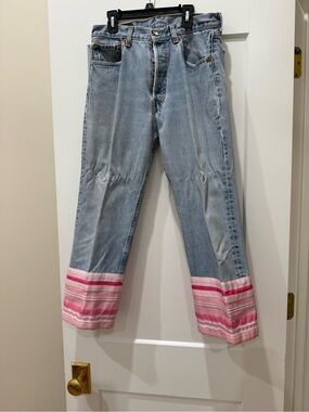 Custom Levi’s 501 Button Fly Jeans Pink Grosgrain Ribbon Cuff Coastal Preppy